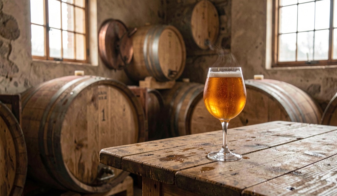 Explore sour beer styles and their wild fermentation: professional view of brettanomyces, context showing oak barrel, with attention to aging time