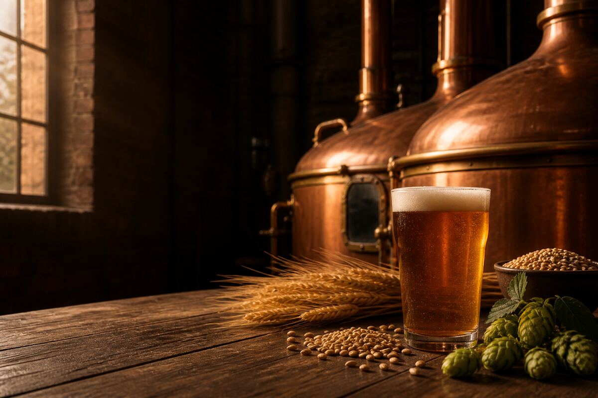 Trace the craft beer revival from homebrewing roots: editorial still life showing the main ingredients and brewing context